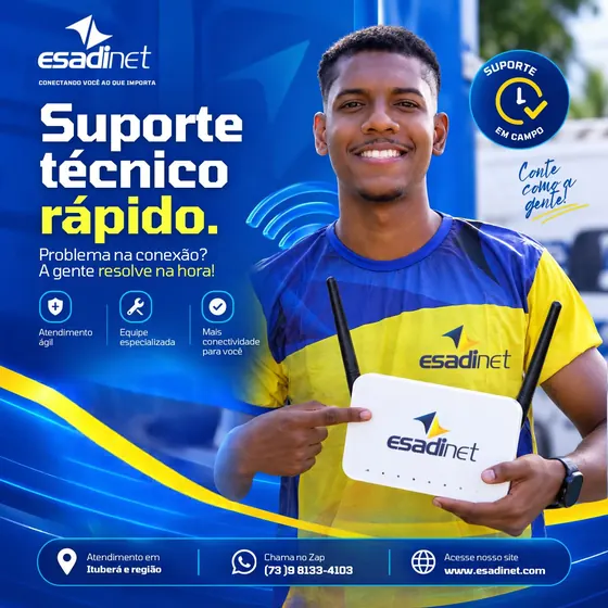 Problema na conexão? A Esadinet resolve! 💙💛 Conte com suporte técnico rápido, equipe especializada e atendimento ágil pa