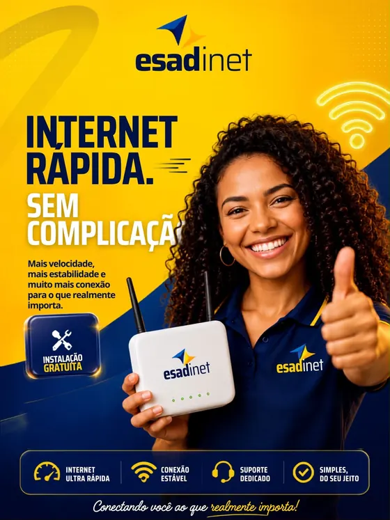 Internet rápida, estável e sem complica�ção! 💙💛 Com a Esadinet, você fica conectado ao que realmente importa. 📶⚡ Conheça